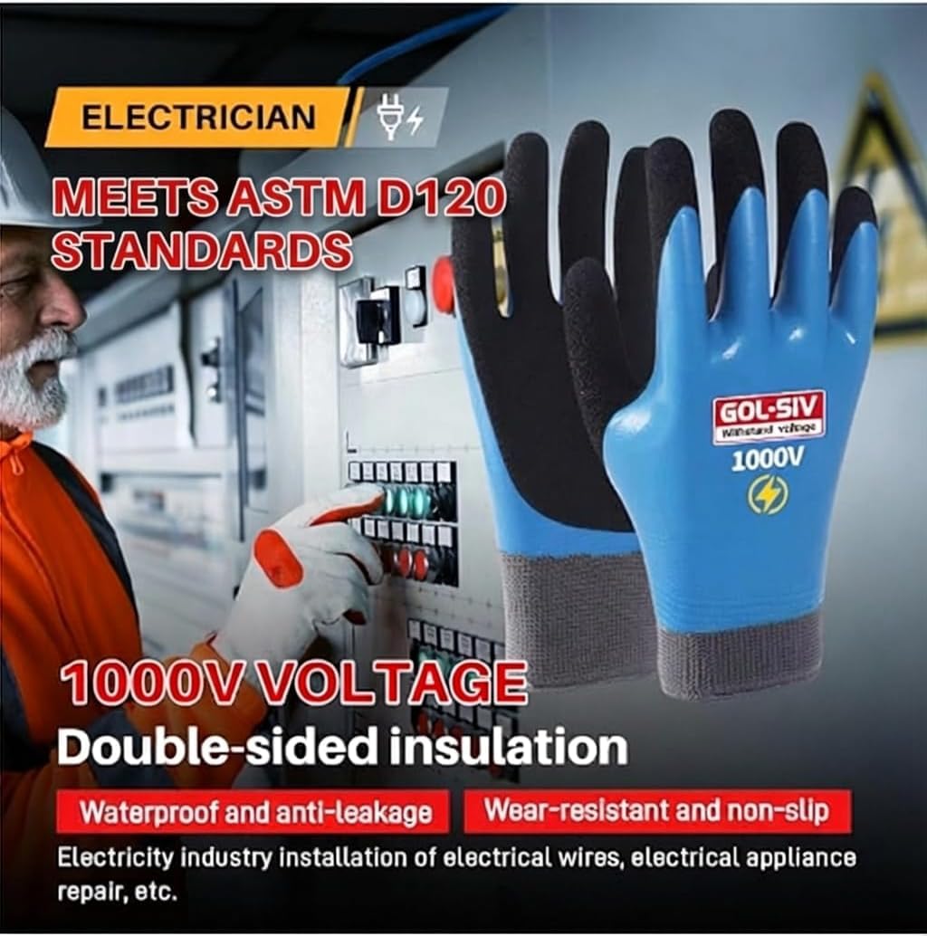 GOL-SIV Industrial Insulated Gloves 1000V Rated, Lightweight Non-Conductive Safety Gloves For Electrician, 1000V|Double Insulated, 10pcs-Large.