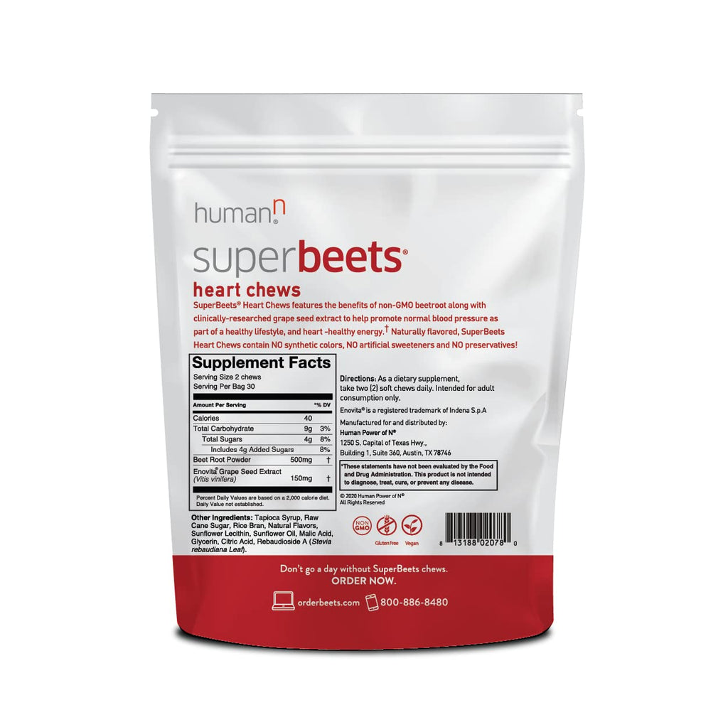 Humann SuperBeets Heart Chews - Nitric Oxide Production Support - Grape Seed Extract & Non-GMO Beet Energy Chew - Pomegranate Berry Flavor - 120 Count (Total)