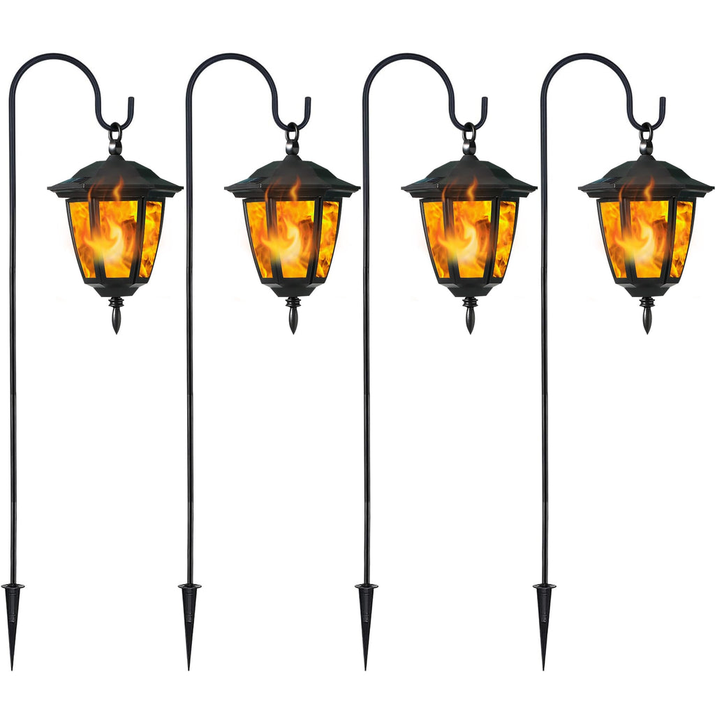 Dynaming 4 Pack Solar Flame Hanging Lights Outdoor, Halloween Solar Flickering Flame LED Garden Lanterns with 4 x 38 Inch Shepherd Hooks, Christmas Lighting for Lawn Patio Yard Pathway Driveway