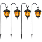 Dynaming 4 Pack Solar Flame Hanging Lights Outdoor, Halloween Solar Flickering Flame LED Garden Lanterns with 4 x 38 Inch Shepherd Hooks, Christmas Lighting for Lawn Patio Yard Pathway Driveway