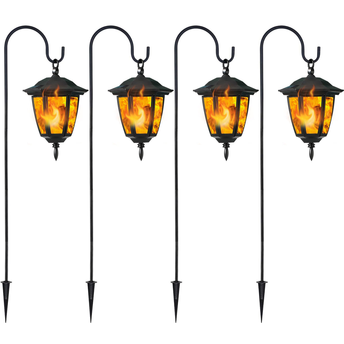 Dynaming 4 Pack Solar Flame Hanging Lights Outdoor, Halloween Solar Flickering Flame LED Garden Lanterns with 4 x 38 Inch Shepherd Hooks, Christmas Lighting for Lawn Patio Yard Pathway Driveway
