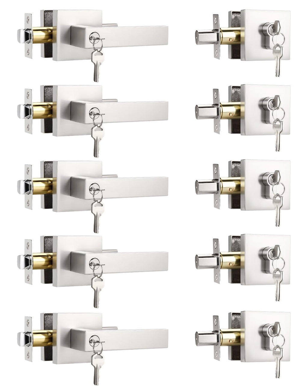 KNOBWELL 5 Pack Exterior Door Handle with Deadbolt, Brushed Nickel Entry Door Locksets with Deadbolt, Keyed Entry Handle with Lock and Key(Keyed Alike)