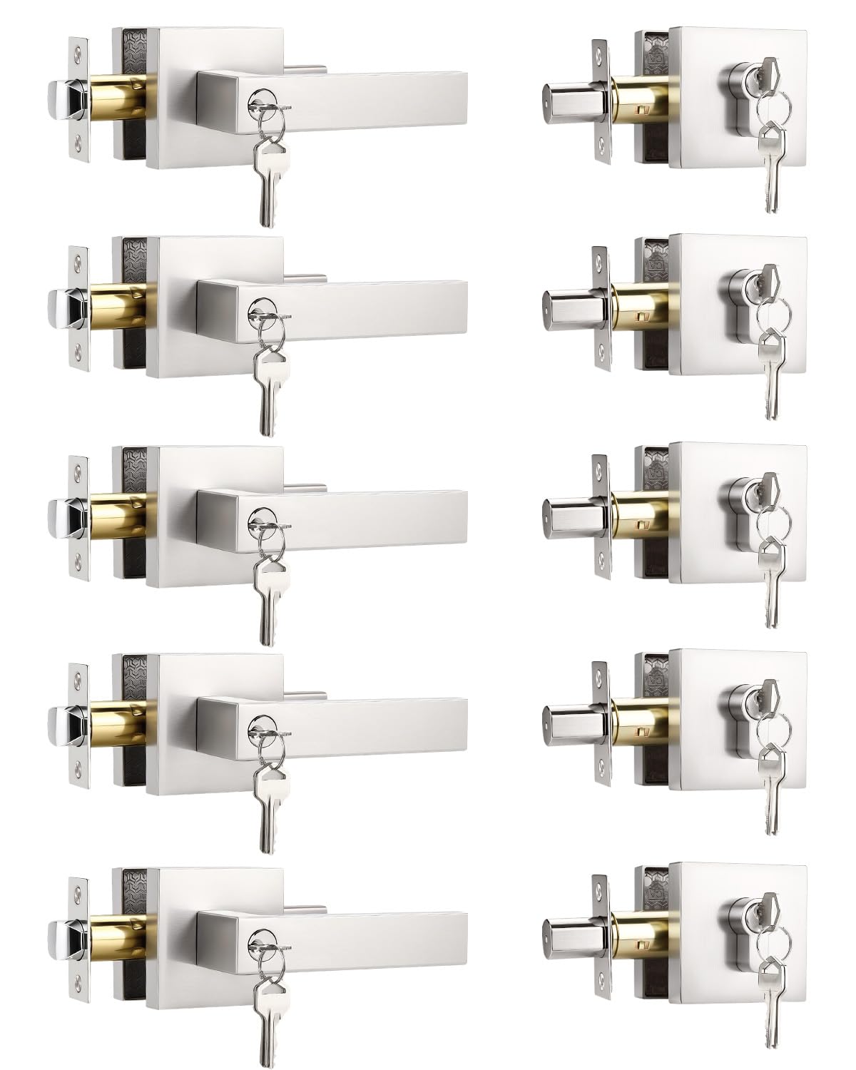 KNOBWELL 5 Pack Exterior Door Handle with Deadbolt, Brushed Nickel Entry Door Locksets with Deadbolt, Keyed Entry Handle with Lock and Key(Keyed Alike)