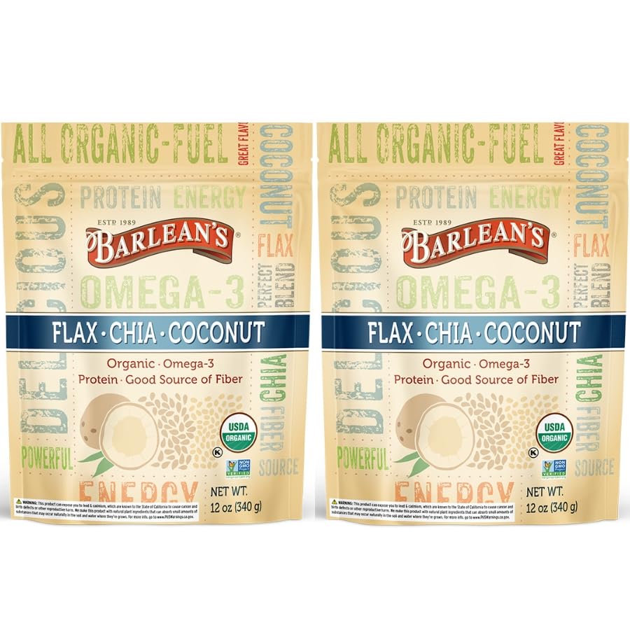 Barlean's Organic Flax Chia Coconut Seed Blend with 2,330 mg Omega 3 Fatty Acids, Fiber Supplement with Whole Chia Seeds and Ground Flaxseed, 12 oz, 2 Pack