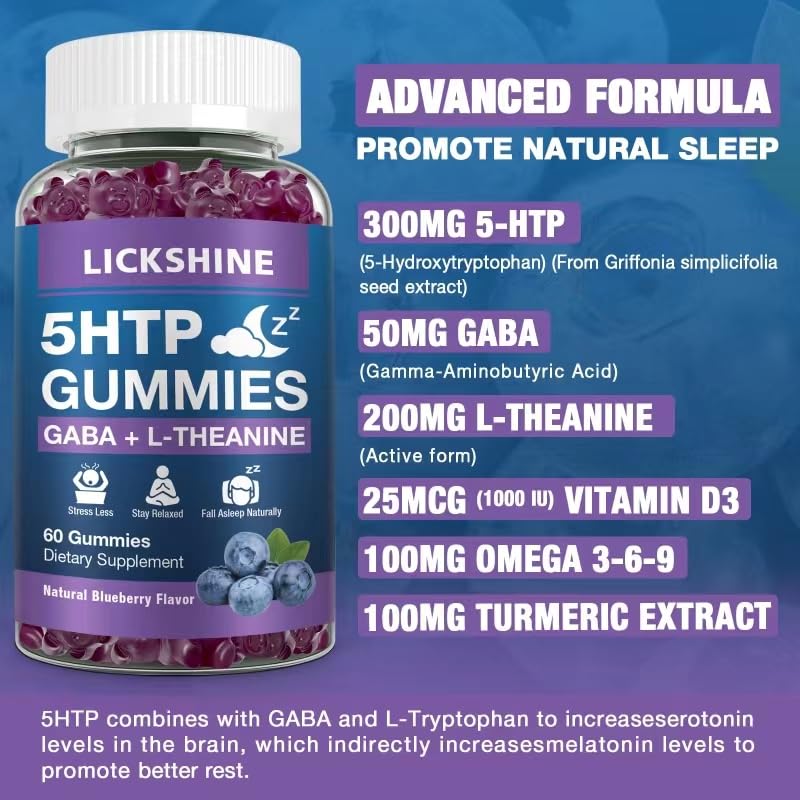 2 Pack 300MG 5-HTP GABA Sleep Supplement Gummies with 200mg L-Theanine Supplement for Brain, Mood Stabilizer and Sleep Support, Melatonin-Free, Omega 3-6-9 for Natural Zzzs, Blueberry Flavor