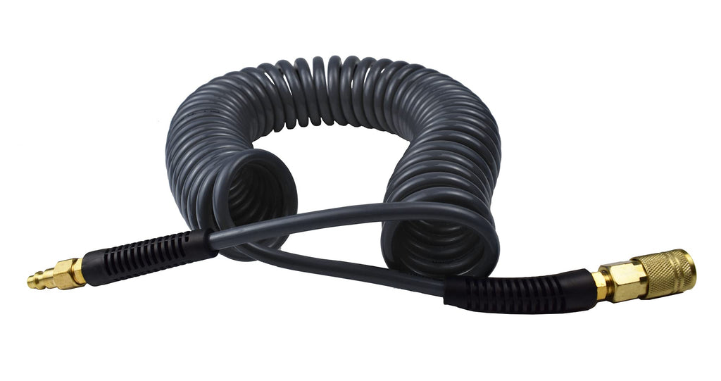 YOTOO Polyurethane Recoil Air Hose 1/4" Inner Diameter by 25' Long with Bend Restrictor, 1/4" Industrial Quick Coupler and Plug, Black. 2-Pack