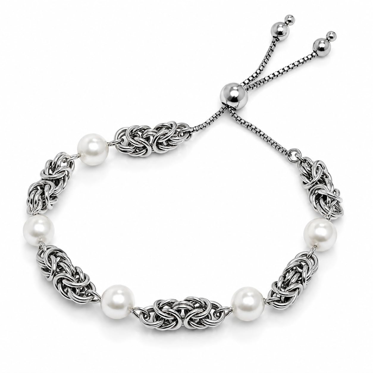 LeCalla 925 Sterling Silver Byzantine Bracelet Jewelry Italian Rhodium Plated Simulated Pearl Beaded Sliding Bolo Bracelet for Women