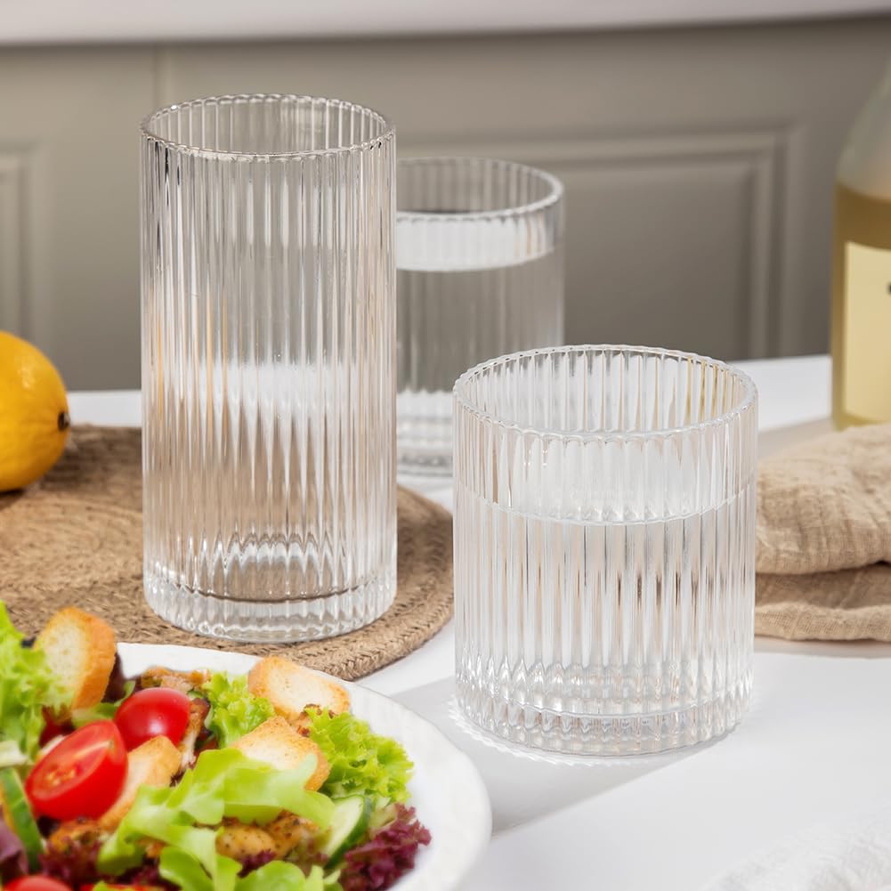 Lumkit Ribbed Drinking Glasses 8pcs, 12oz and 10oz Glassware, Tumbler Glasses Cup Set for Wedding, Party, Christmas Gift, Clear