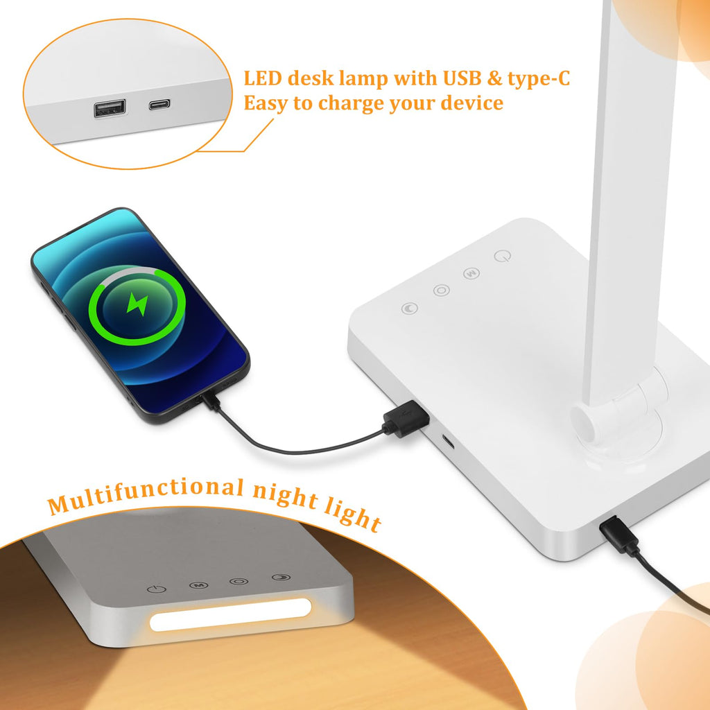 Dott Arts LED Desk Lamp with USB Ports, Touch Control, 5 Color Modes, 3 Brightness Levels, Foldable Design, White