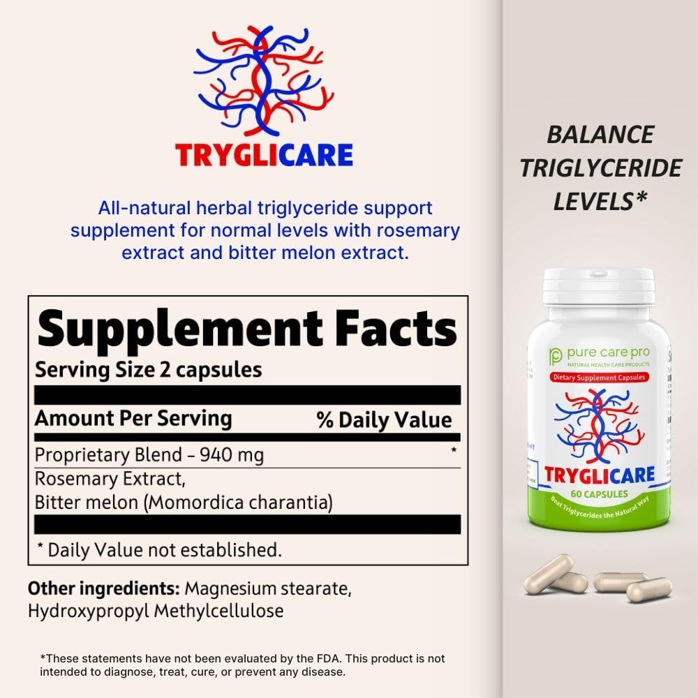 Pure Care Pro Tryglicare All-Natural Triglyceride Lowering Supplement – Premium Herbal Formula to Balance and Maintain Healthy Triglyceride & Cholesterol Levels – 60 Vegan, Gluten-Free Capsules
