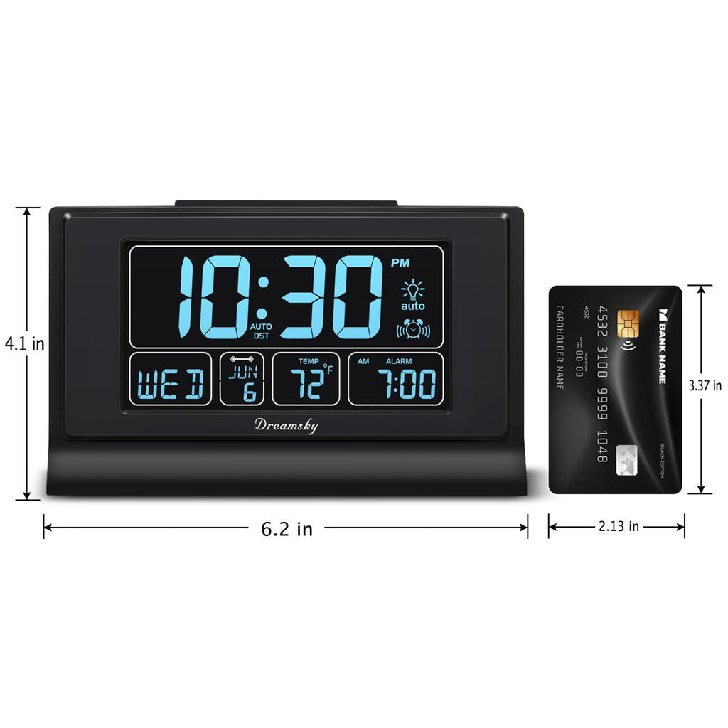 DreamSky Alarm Clocks for Bedrooms with Battery Backup, Auto Set Digital Clock with Date and Day of Week, Temperature, USB Port, Auto DST, Dimmer, 12/24H