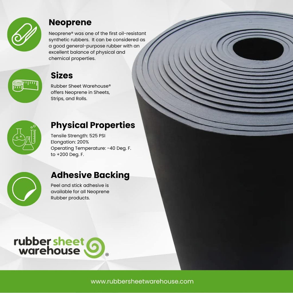 Neoprene Rubber Sheet, Rolls, Strips 3/32" (.093") Thick x 10" Wide x 10' Long Solid Rubber