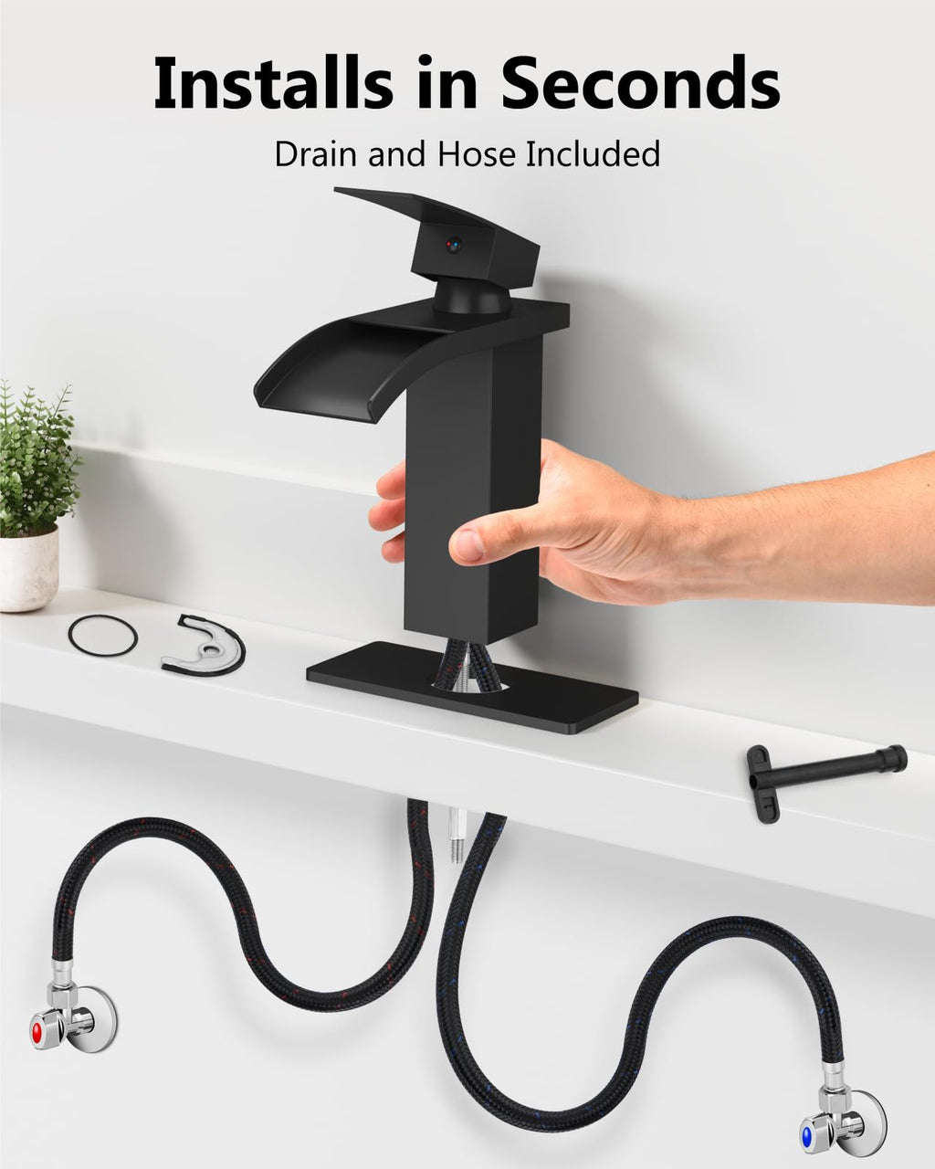 GBBNE Waterfall Bathroom Faucet 1 Hole, Single Hole Bathroom Faucet, Single Handle Vanity Sink Faucet with Deck Plate, Pop-up Drain & Supply Lines, Matte Black