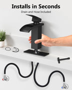GBBNE Waterfall Bathroom Faucet 1 Hole, Single Hole Bathroom Faucet, Single Handle Vanity Sink Faucet with Deck Plate, Pop-up Drain & Supply Lines, Matte Black