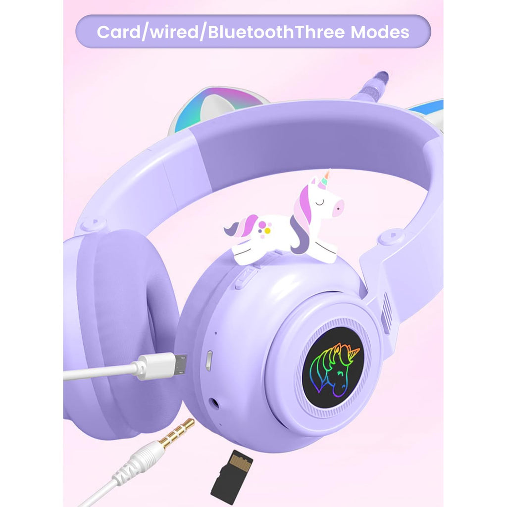 Unicorn Kids' Bluetooth Headphones,Foldable Wireless Headphones for Children with Cable and Microphone Earphones Volume Control,Unicorn-Inspired Gift Design for Birthday Gift & Christmas (purple)