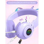 Unicorn Kids' Bluetooth Headphones,Foldable Wireless Headphones for Children with Cable and Microphone Earphones Volume Control,Unicorn-Inspired Gift Design for Birthday Gift & Christmas (purple)