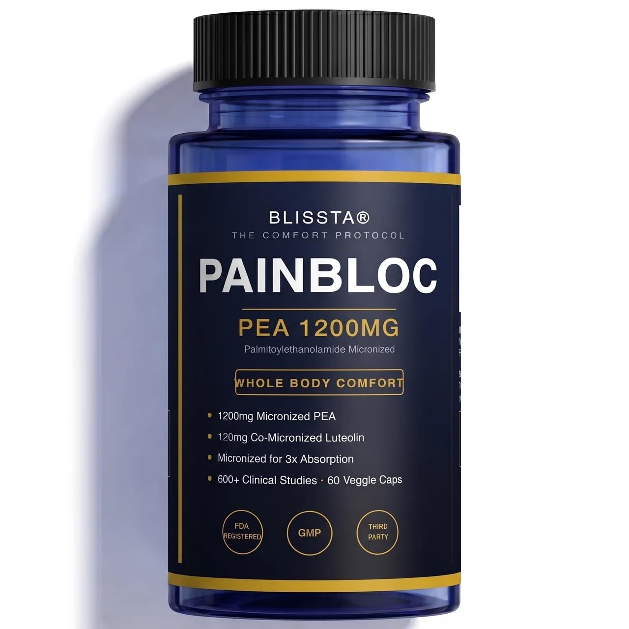 Blissta PainBloc Pea 1200mg with Luteolin, Micronized Palmitoylethanolamide Supplement, Nerve & Whole Body Comfort, Healthy Inflammatory Response, Non-Drowsy, Third-Party Tested, 60 Veggie Capsules