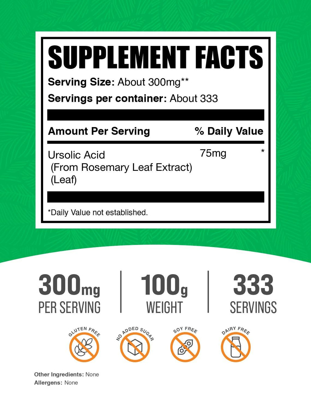 BulkSupplements.com Ursolic Acid Powder - Sourced from Rosemary Leaf Extract, Ursolic Acid Supplement - Vegan & Gluten Free, 75mg per Serving, 100g (3.5 oz) (Pack of 1)