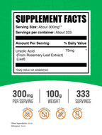 BulkSupplements.com Ursolic Acid Powder - Sourced from Rosemary Leaf Extract, Ursolic Acid Supplement - Vegan & Gluten Free, 75mg per Serving, 100g (3.5 oz) (Pack of 1)
