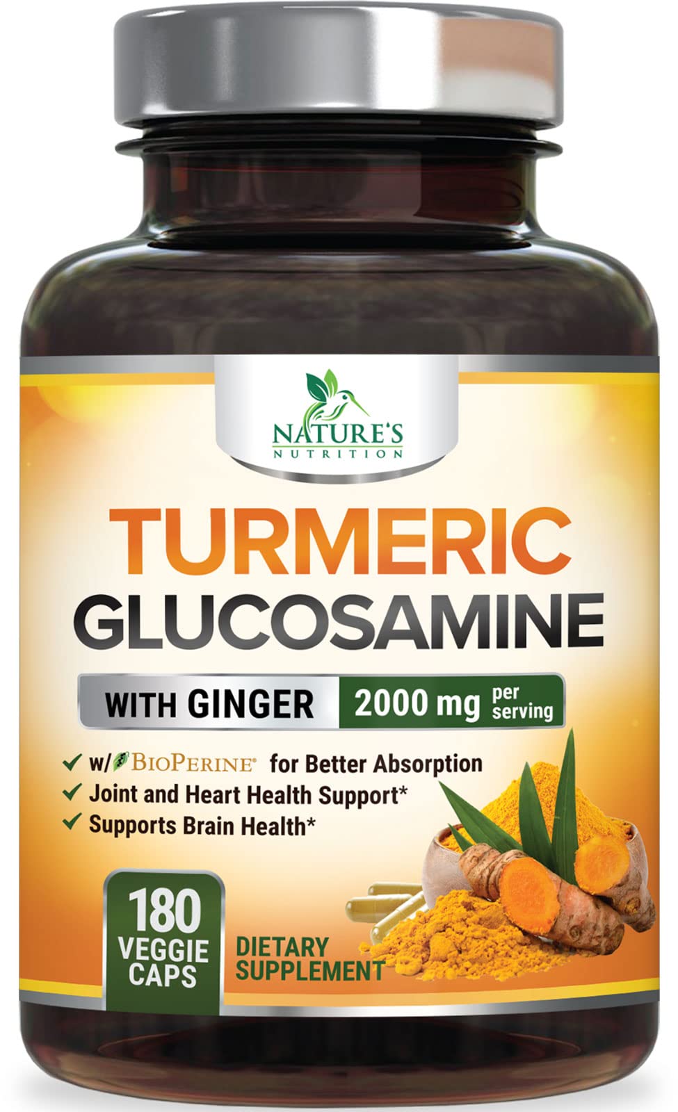 Turmeric Curcumin Supplement 2000mg - 95% Curcuminoids with Glucosamine, Ginger & MSM, BioPerine Black Pepper for Best Absorption, Nature's Vegan Joint Support, Non-GMO, Bottled in USA - 180 Capsules