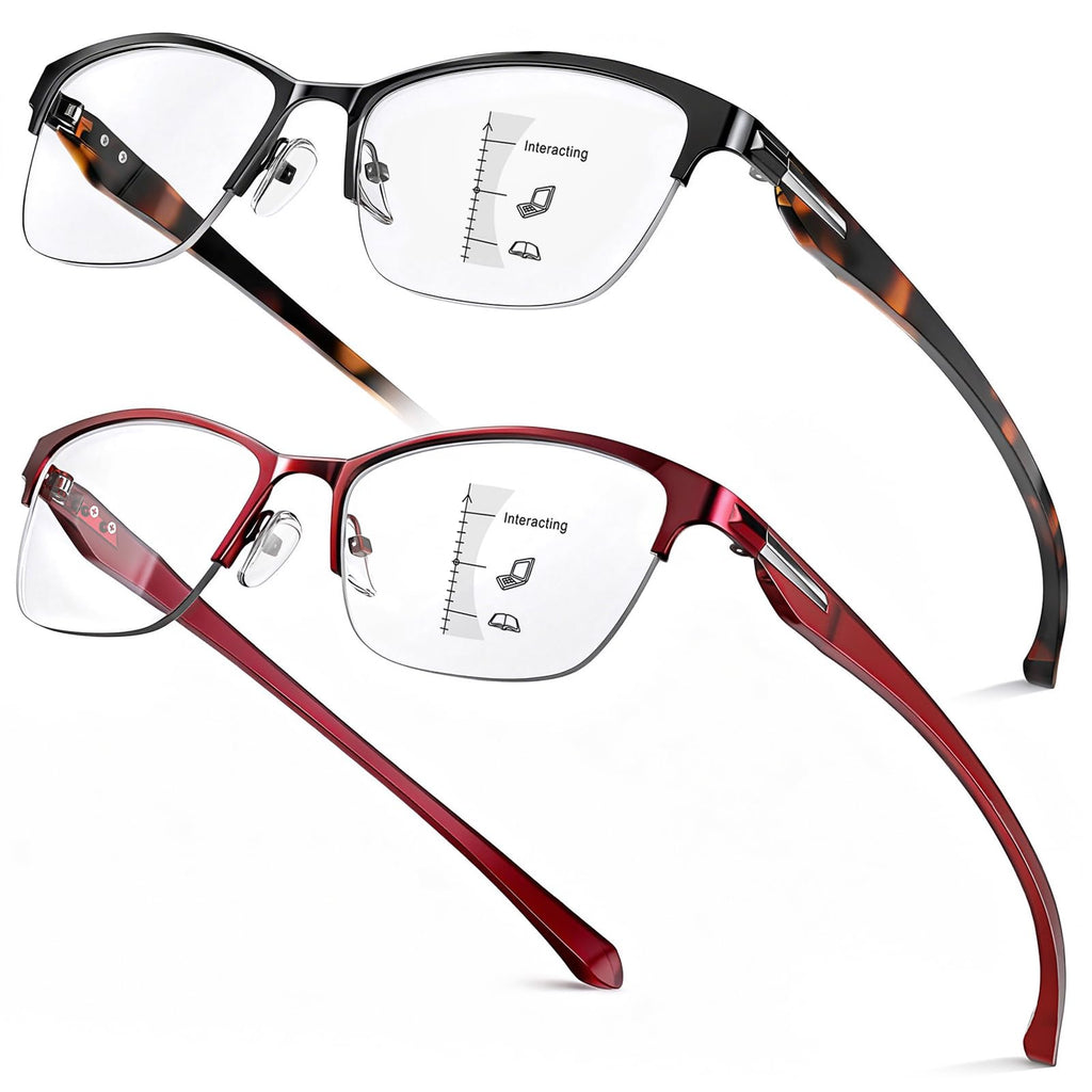 SKYOAK 2 Pack Stylish Progressive Reading Glasses for Women, Metal Half Frame Fashion Anti UV400/Eye Strain Computer Readers, Cat Eye Modern Design Ladies No-Line Multifocal Eyeglasses, +2.5