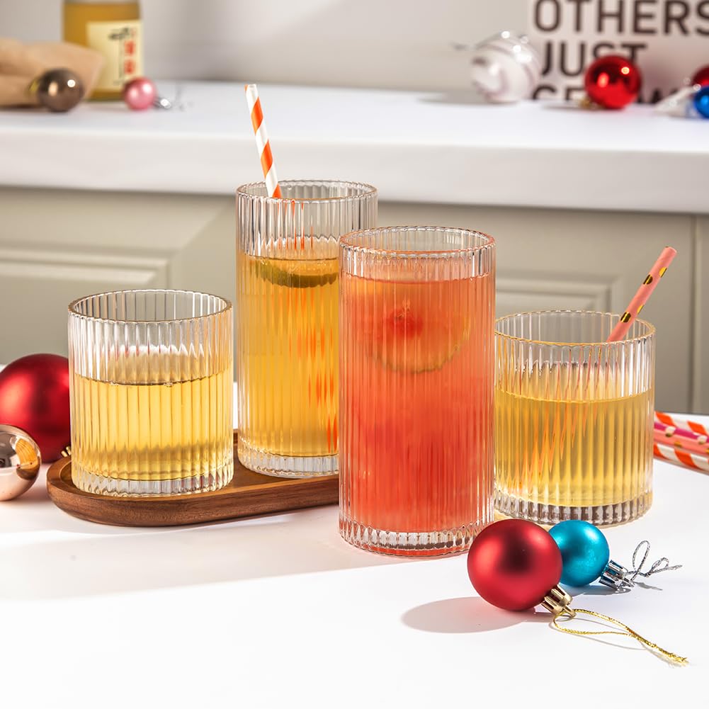 Lumkit Ribbed Drinking Glasses 8pcs, 12oz and 10oz Glassware, Tumbler Glasses Cup Set for Wedding, Party, Christmas Gift, Clear