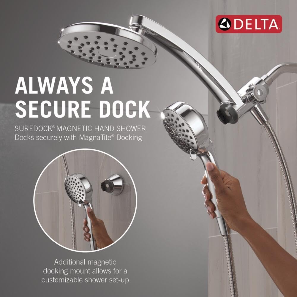 Delta 6-Setting PivotPro 3-in-1 Combination Shower Head with ProClean Spray, Chrome Round Shower Head Rainfall with Handheld Spray, 1.75 GPM, Chrome 75649