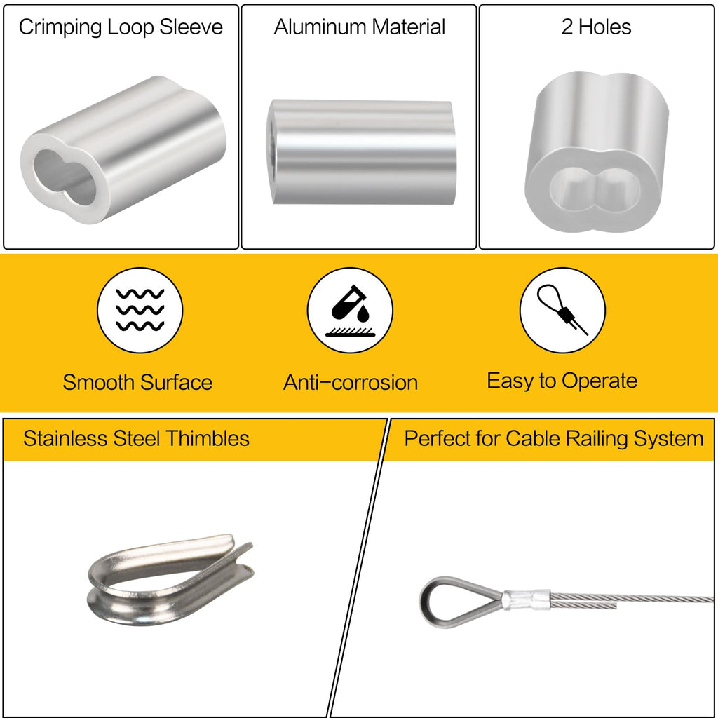 328ft Wire Rope, 1/16" Stainless Steel Wire Rope Cable with Aluminum Crimping Sleeves and Stainless Steel Thimbles for Railing, Decking, Picture Hanging