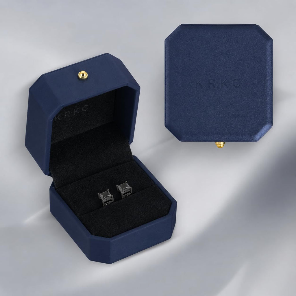 KRKC Black Moissanite Stud Earrings for Men, Sterling Silver, Princess Cut
