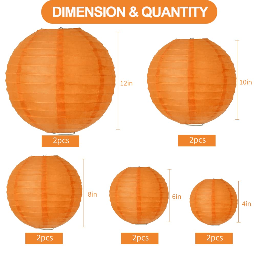 BEISHIDA Orange Round Paper Lanterns Decorative Hanging Asia Chinese Japanese Paper Lanterns Lamp for Birthday Wedding Halloween Baby Bridal Shower Fall Home Decor Party Decoration（10 Packs）