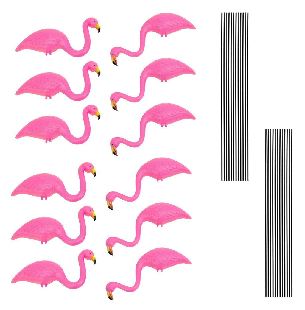 GiftExpress 12 Pack Pink Flamingos Yard Decorations - Small 14" Tall Plastic Flamingo Statue w/Metal Stakes - Lawn Ornaments & Garden Decor for Outdoor Parties