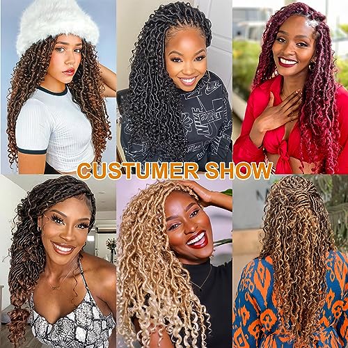 COOKOO Bohemian River Faux Locs Synthetic Braids Hair 18 Inch 8 Packs Burgundy Red Goddess Locs Hair with Curly Ends Ombre River Locs Crochet Braiding Hair for Women Boho Style Crochet Braids Tbug#