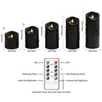 Xavnero 9 Pcs Flickering Flameless LED Pillar Candles, (D 3" x H 3" 4" 5" 6" 7") Battery Operated with Remote Plastic Wax Drip Fake Candles for Home Wedding Holiday Decor,Black