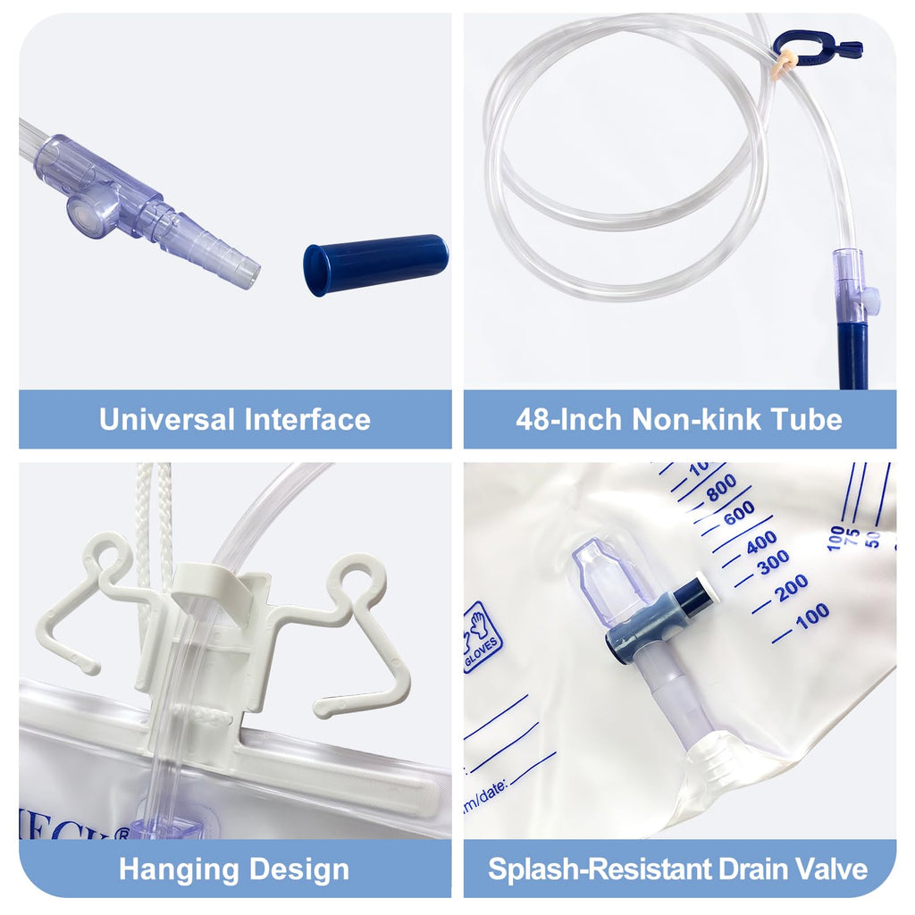 DWCHECK 5 Pack Urinary Drainage Bag with Anti-Reflux Chamber,2000mL Urine Bags with 48" Tube Drainage,Splash-Resistant Drain Spout,Clips and Hanging Hook,Disposable Urine Bags for Men