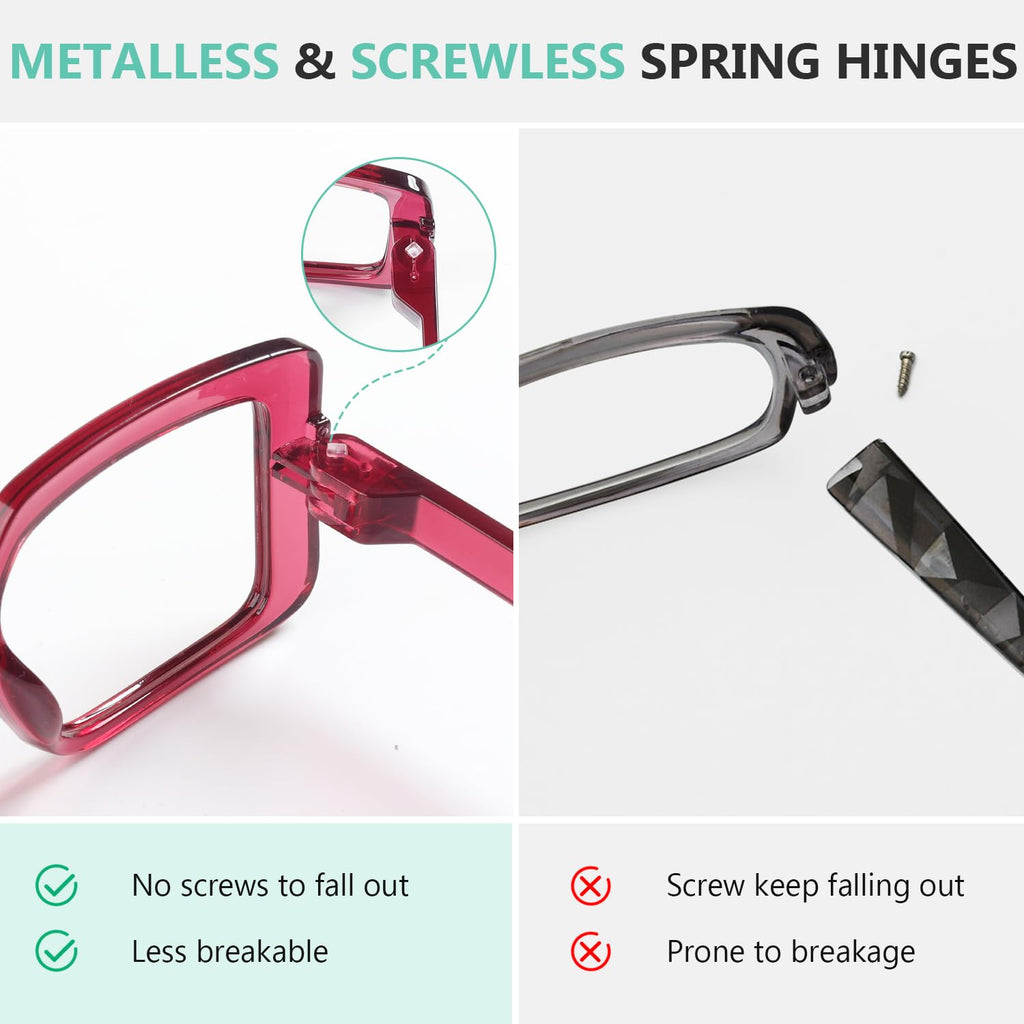 Eyekepper Huge Metalless Reading Glasses with Screwless Spring Hinges 6 Pack Oversized Readers for Women +1.50