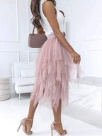 Reaowazo Tulle Skirts for Women Midi Long Fairy Skirt Tutu A-Line Mesh Layered High Elastic Waist Halloween Skirts Pink One Size