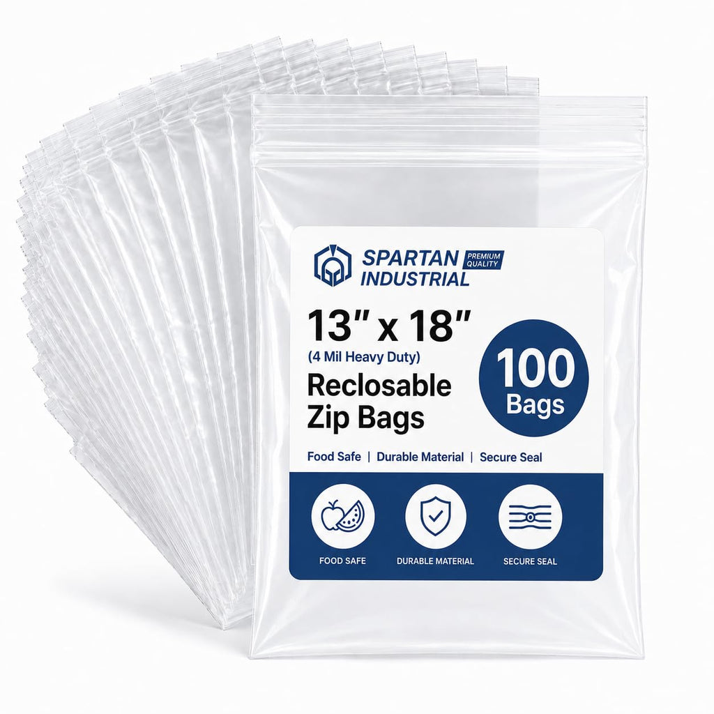 Spartan Industrial - 13” X 18” (100 Count) 4 Mil Thick Clear Reclosable Zip Plastic Poly Bags with Resealable Lock Seal Zipper - Heavy Duty and Durable