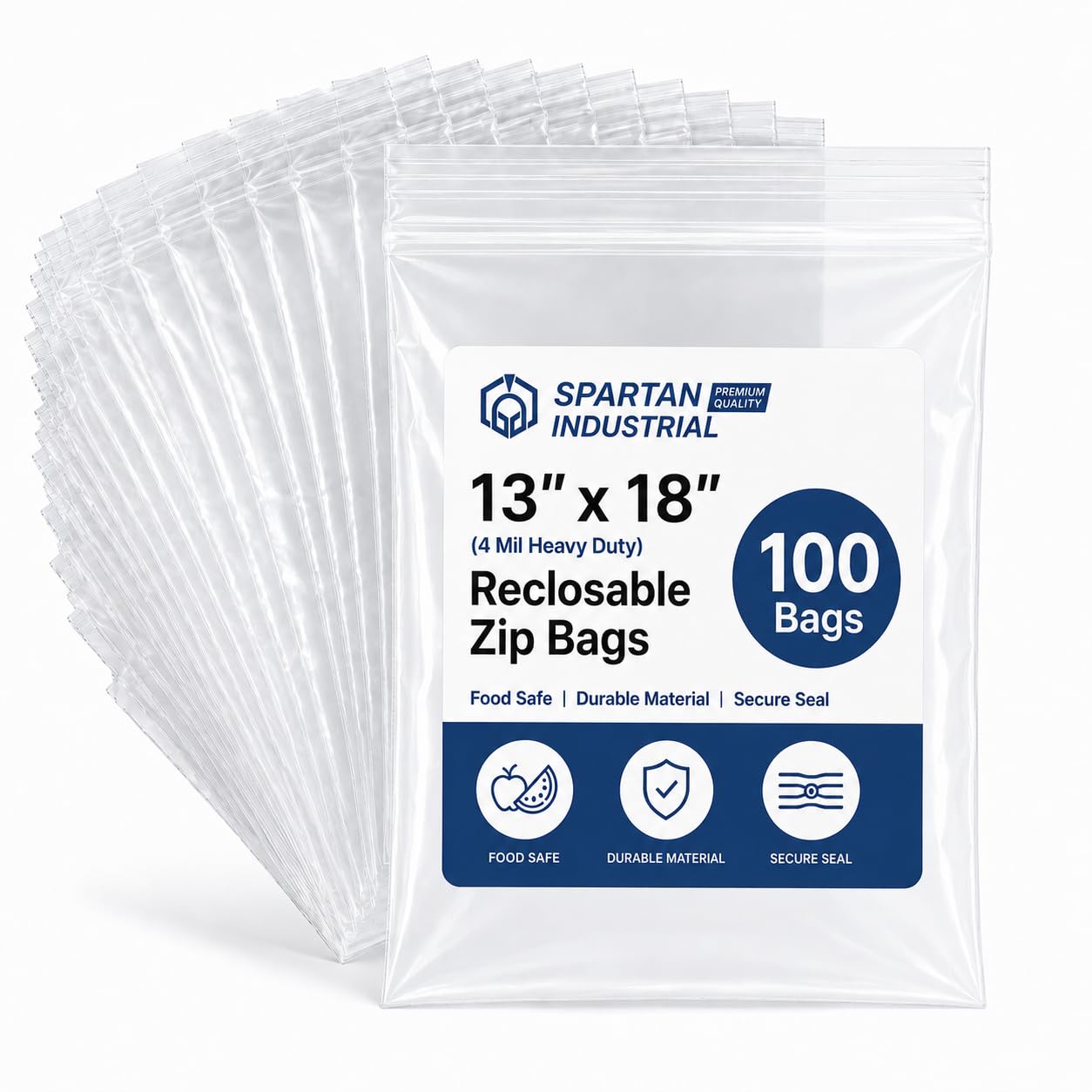 Spartan Industrial - 13” X 18” (100 Count) 4 Mil Thick Clear Reclosable Zip Plastic Poly Bags with Resealable Lock Seal Zipper - Heavy Duty and Durable
