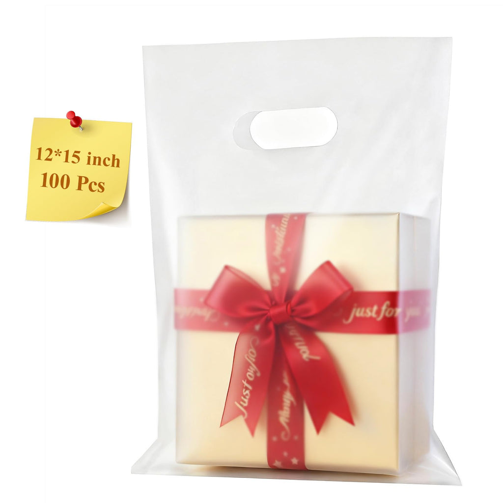 COSGOOLK 100 Pcs Plastic Bags With Handles 12"x15", Clear Gift Bags Shopping Merchandise bags for Small Business Retail Stores