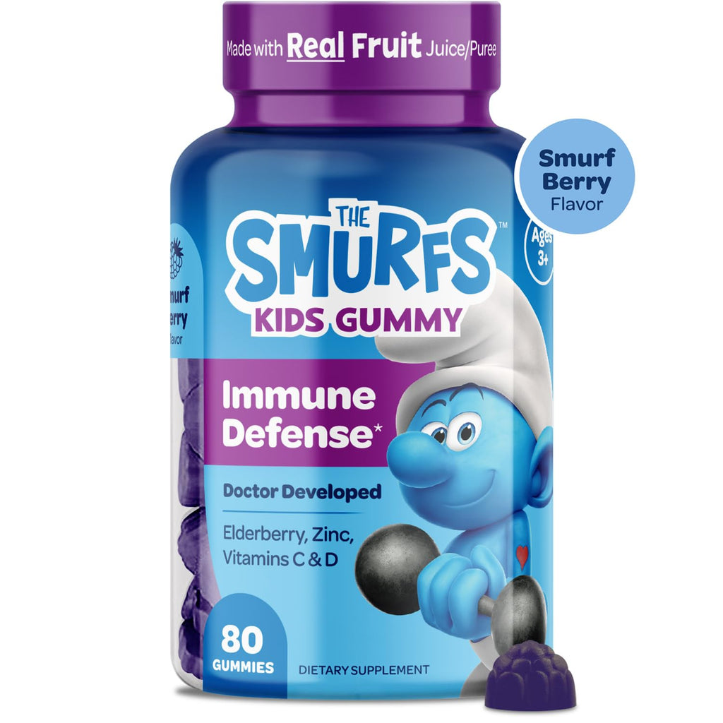 The Smurfs Immune Support Supplement Vitamins for Kids with Elderberry, Zinc, Vitamin C & D for Immune Defense Age 3+ | Made with Real Fruit in a Smurf Berry | Doctor Developed & Non-GMO | 80 Gummies