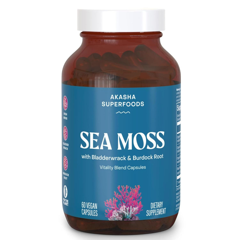 Sea Moss Capsules, Organic Irish Moss with Bladderwrack Root, Burdock Root, and BioPerine, Skin, Thyroid, Digestion & Immunity Support for Women & Men, Gluten Free, Vegan, 60 Count