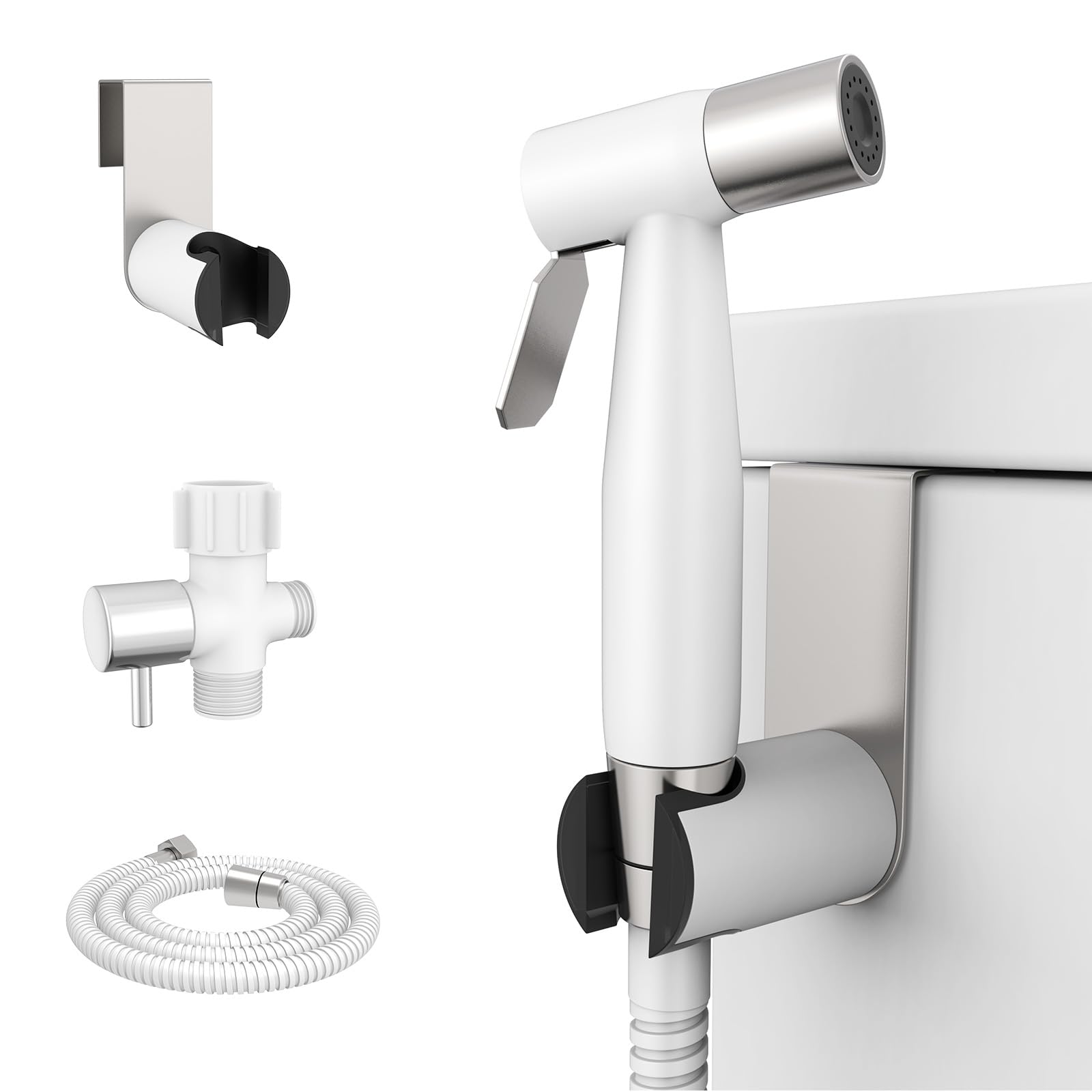 Arofa Handheld Toilet Bidet Sprayer for Toilet-Adjustable Water Pressure Control with Bidet Hose for Feminine Wash, Stainless Steel Jet Spray Cloth Diaper for Baby Wash - White/Brushed Nickel