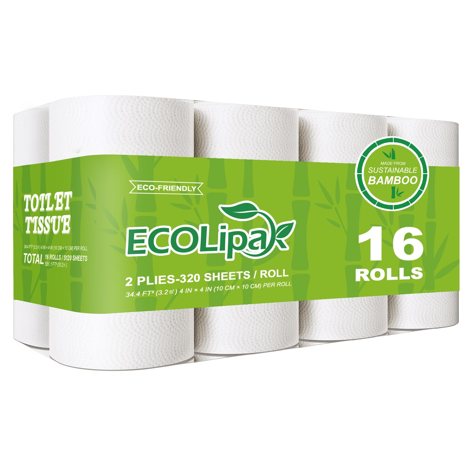 ECOLipak Bamboo Toilet Paper, Septic Safe Toilet Tissue, 16 Double Rolls, 320 Sheets Per Roll, Tree Free, Non Toxic, 2 Ply, Soft and Absorbent, Eco Friendly Dye-Free Paper