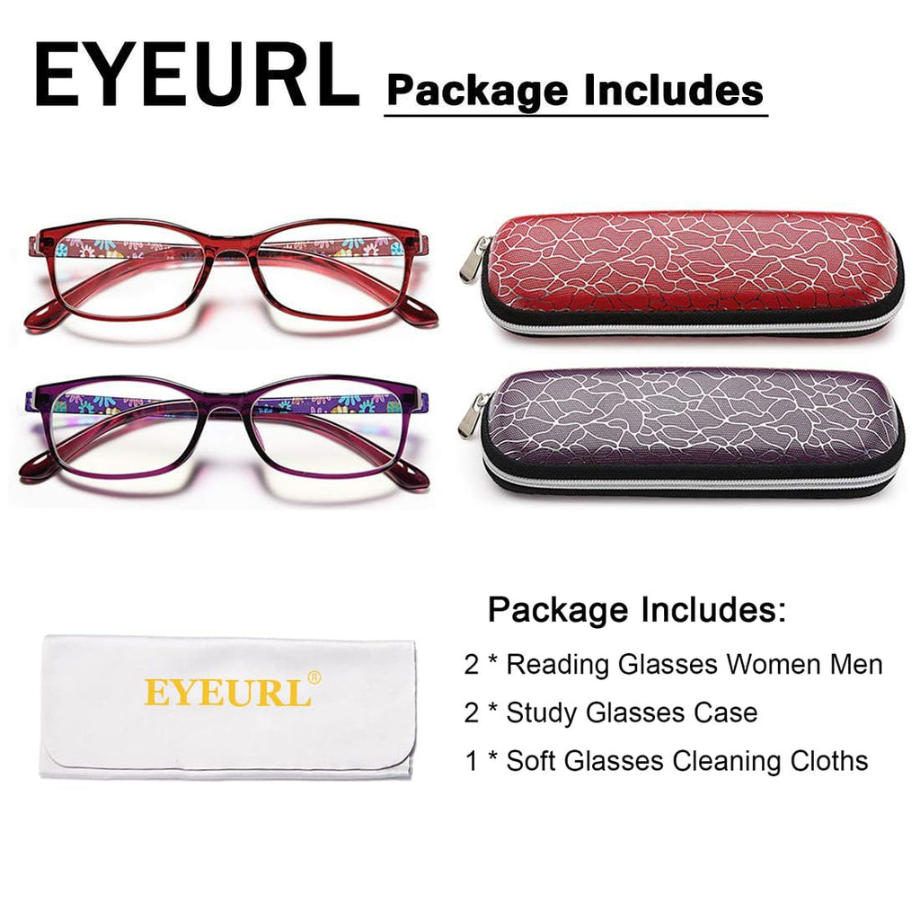 EYEURL 2 Pack Reading Glasses for Women Blue Light Blocking Computer Readers 1.50 Rectangular Frames Lightweight TR90 Anti Glare Eyestrain