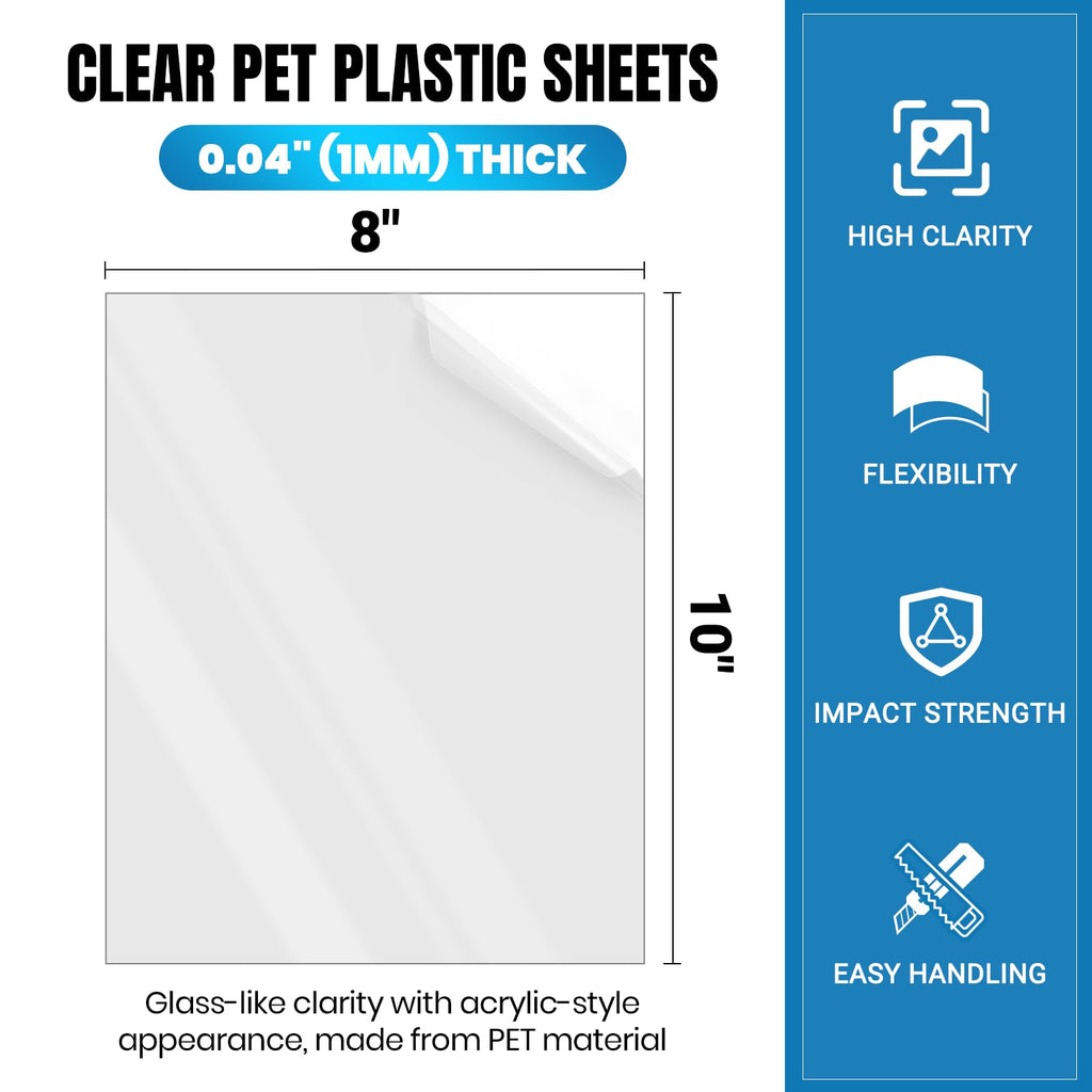 10 Pack of 8x10” PET Sheet/Plexiglass Panels 0.04” Thick; Use for Crafting Projects, Picture Frames, Cricut Cutting and More; Protective Film to Ensure Scratch and Damage Free Sheets