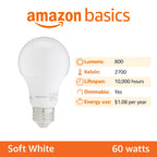Amazon Basics A19 LED Light Bulbs, 60 Watt Equivalent, Energy Efficient 9W, E26 Standard Base, Soft White 2700K, Dimmable, 10,000 Hour Lifetime , 6-Pack