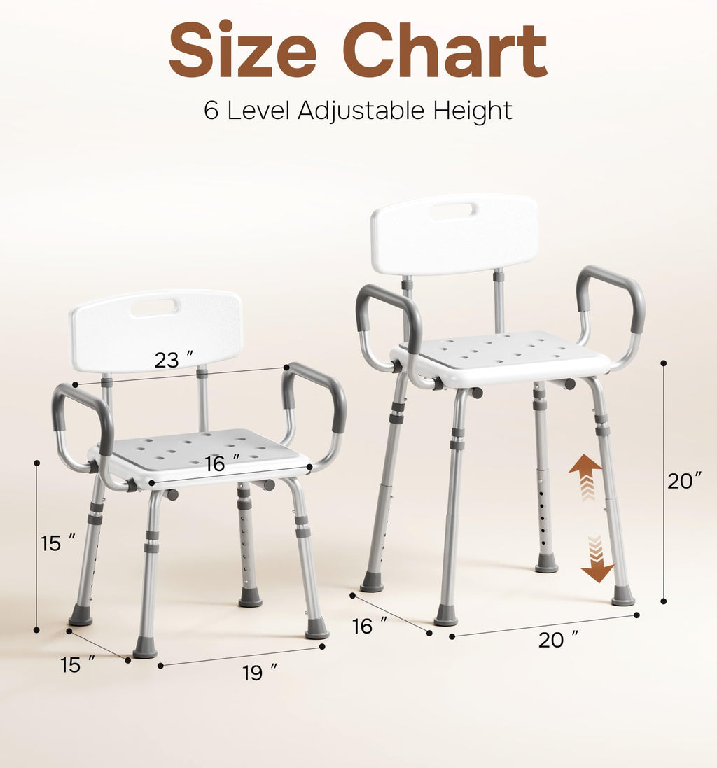 SOUNDFUSE Shower Chair for Inside Shower with Arms and Back, FSA/HSA, Height Adjustable Shower Chair for Elderly and Disabled with Enhanced Non-Slip Feet, 400 lbs Heavy Duty Shower Seat for Seniors