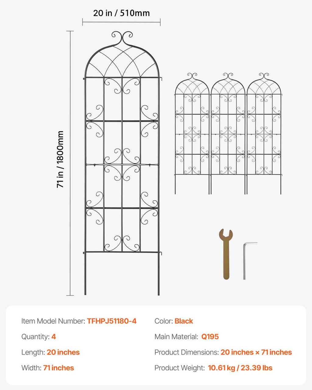 VEVOR 71 x 20 in, 4 Packs Rustproof Metal Garden Flower Trellis, Outdoor Climbing Rose & Cucumber Support, Decorative Clematis Trellis for Courtyards & Lawns