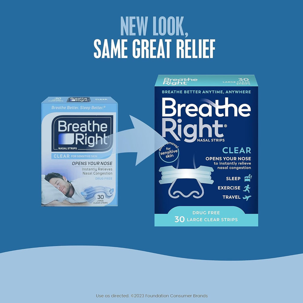 Breathe Right Nasal Strips, Clear Large Nose Strips, Snoring, Nasal Congestion, Deviated Septum, Allergies, 30 Ct (Packaging May Vary)