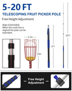 SKGPOLE 26FT Reach Fruit Picker, 5-20 Foot Sturdy Aluminum Telescoping Fruit Picker Extension Pole with Metal Twist-on Basket, Suit for Apple Pear Lemon Mango Guava Orange Avocados Tree Fruit Picking
